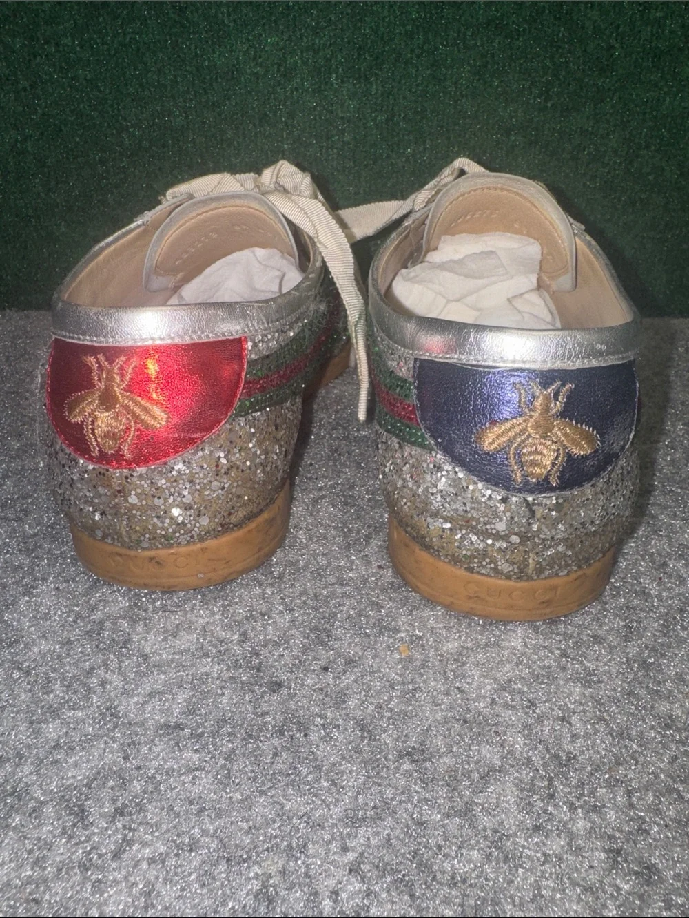 Authentic Gucci Silver Glitter Sneaker with Green and Red Stripes Old But Vintag